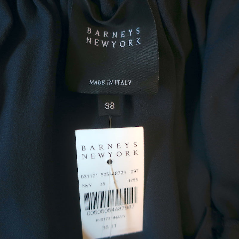 Barneys New York Ruffled Off the Shoulder Midi Dress Navy Satin Size 38 NEW