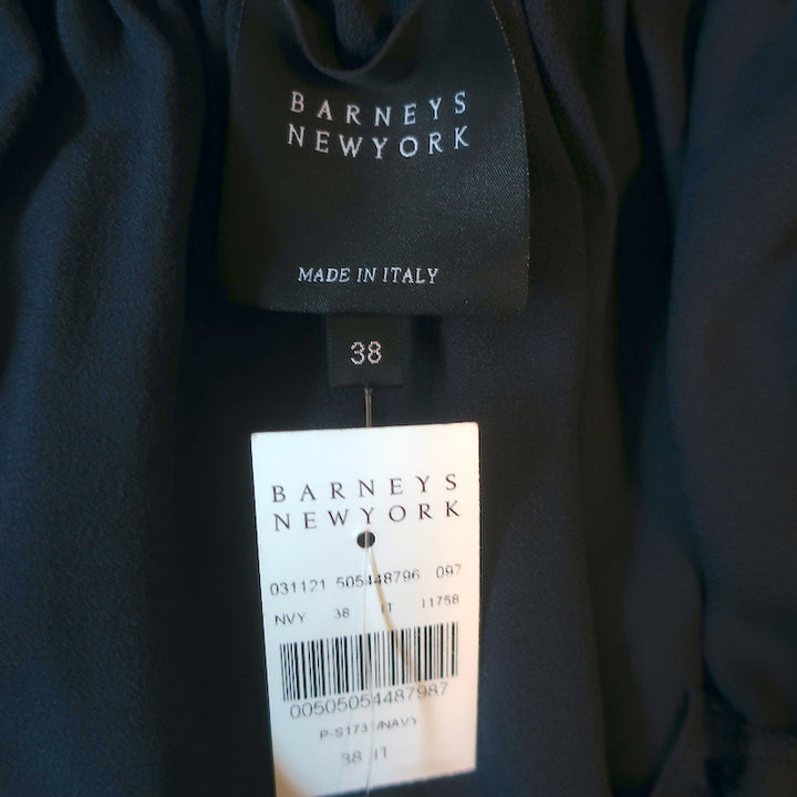 Barneys New York Ruffled Off the Shoulder Midi Dress Navy Satin Size 38 NEW