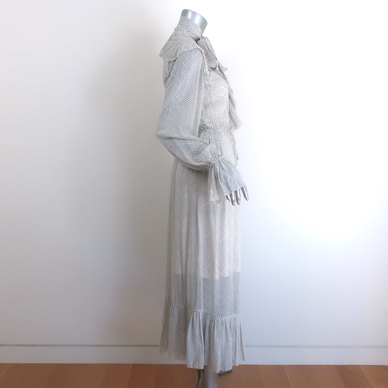 Zimmermann Pussy Bow Ruffled Maxi Dress White Zig Zag Print Crepe Size 1