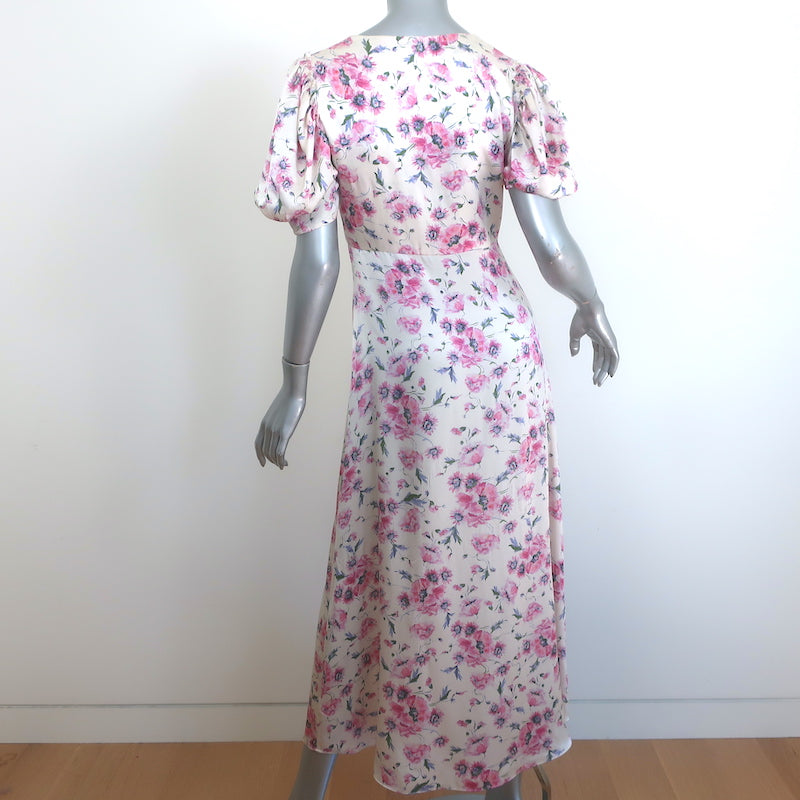 LoveShackFancy Delaney Button-Front Maxi Dress Cream Floral Print Silk Size 0