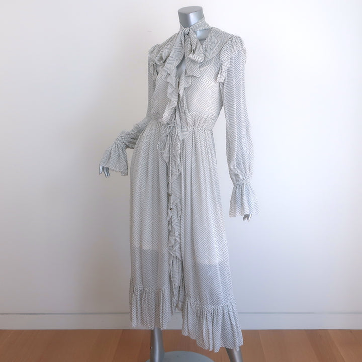 Zimmermann Pussy Bow Ruffled Maxi Dress White Zig Zag Print Crepe Size 1
