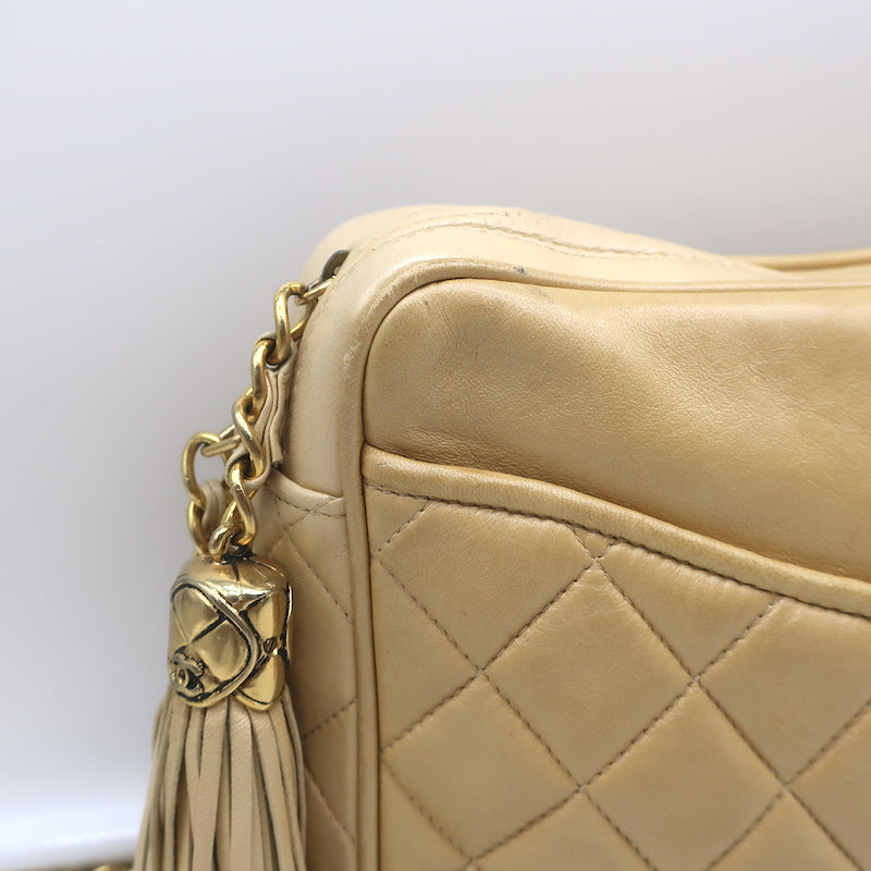Vintage Chanel Quilted Tassel Camera Bag Beige Leather Chain Strap Shoulder Bag
