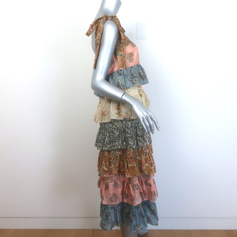Zimmermann Tallow Tiered Midi Dress Ruffled Patchwork Floral Print Size 0P