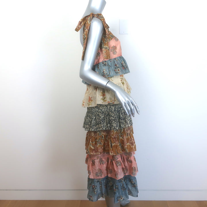 Zimmermann Tallow Tiered Midi Dress Ruffled Patchwork Floral Print Size 0P