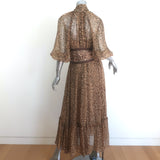 Zimmermann Espionage Leopard Print Pussy Bow Maxi Dress Brown Silk Crepe Size 1