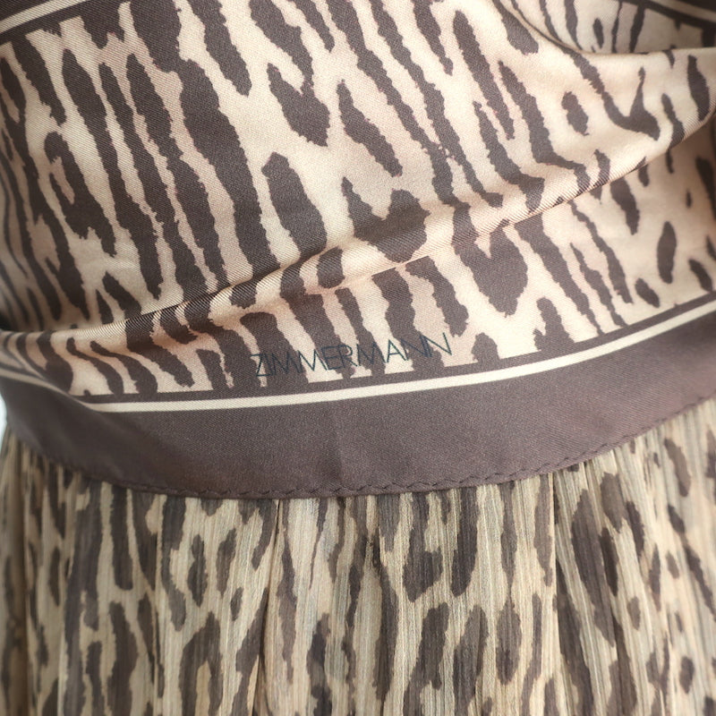 Zimmermann Espionage Leopard Print Pussy Bow Maxi Dress Brown Silk Crepe Size 1