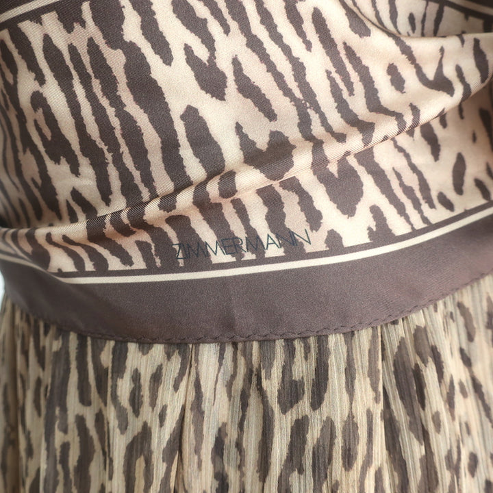 Zimmermann Espionage Leopard Print Pussy Bow Maxi Dress Brown Silk Crepe Size 1