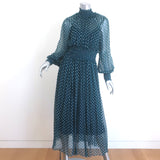 Zimmermann Moncur Polka Dot Midi Dress Teal Smocked Silk Crepe Size 1