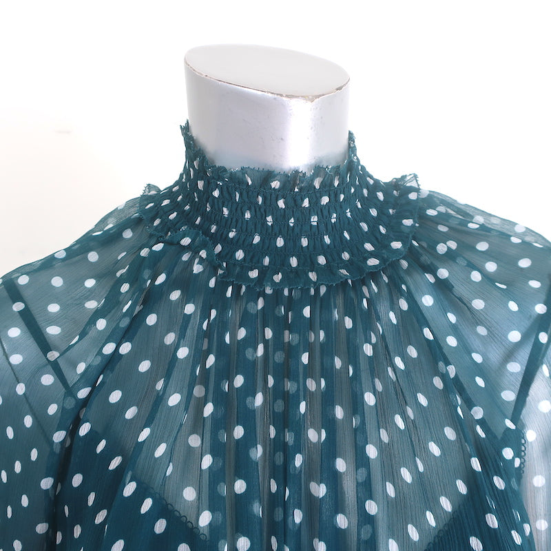 Zimmermann Moncur Polka Dot Midi Dress Teal Smocked Silk Crepe Size 1