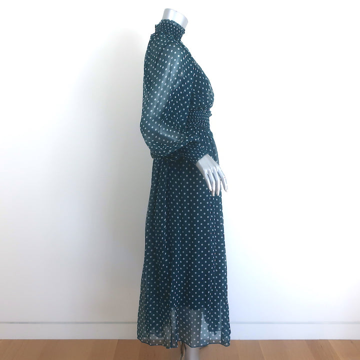 Zimmermann Moncur Polka Dot Midi Dress Teal Smocked Silk Crepe Size 1