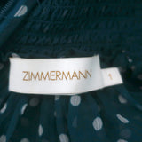Zimmermann Moncur Polka Dot Midi Dress Teal Smocked Silk Crepe Size 1