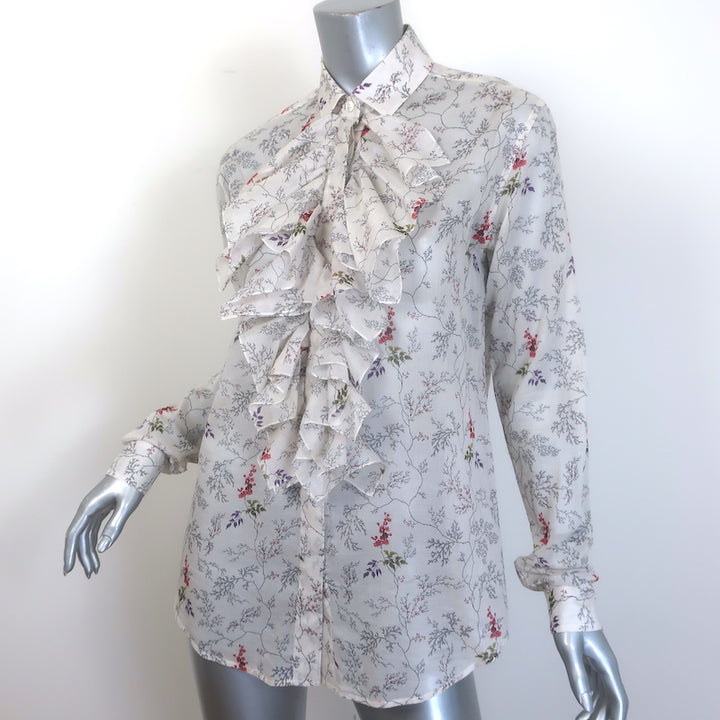 Saint Laurent Ruffle Blouse White Floral Print Cotton Size 34 Button-Down Shirt