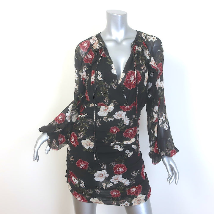 Nicholas Tie-Neck Blouson Sleeve Mini Dress Black Floral Print Silk Size US 4