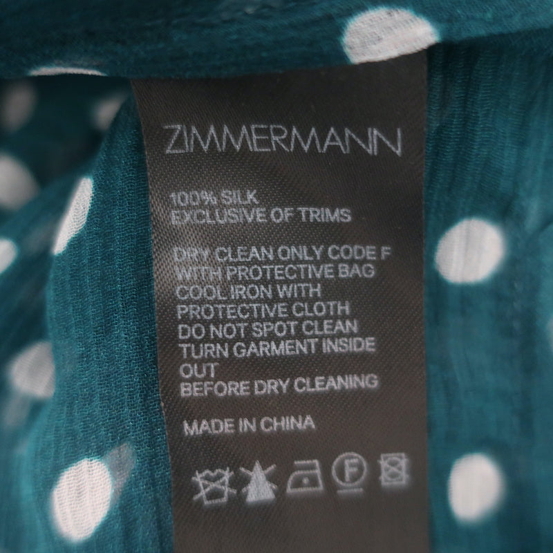 Zimmermann Moncur Polka Dot Midi Dress Teal Smocked Silk Crepe Size 1