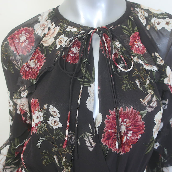 Nicholas Tie-Neck Blouson Sleeve Mini Dress Black Floral Print Silk Size US 4