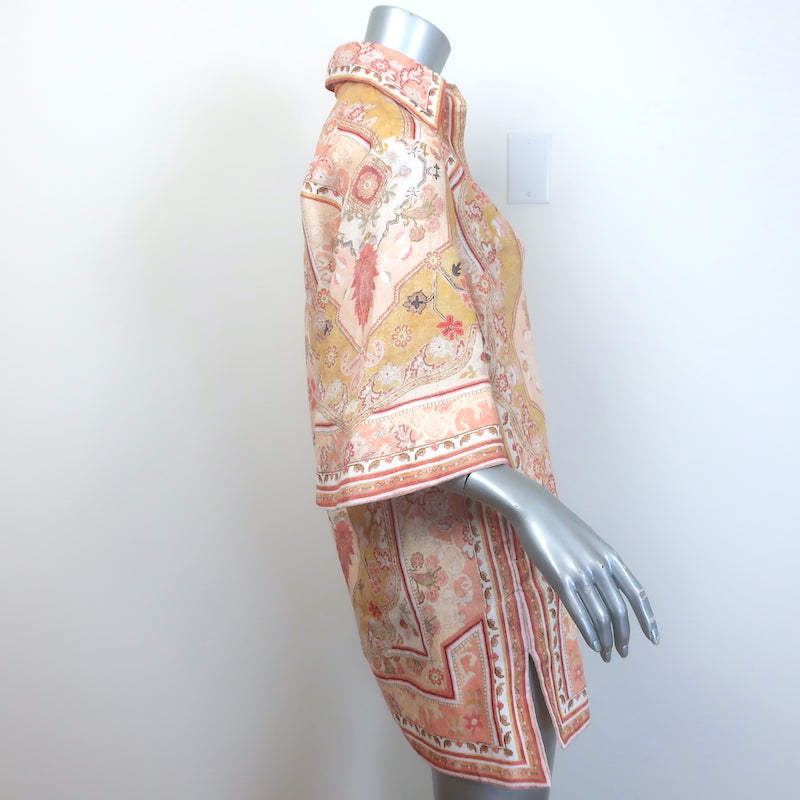 Zimmermann Wylie Tunic Mini Dress Mustard Printed Linen Size 0P NEW