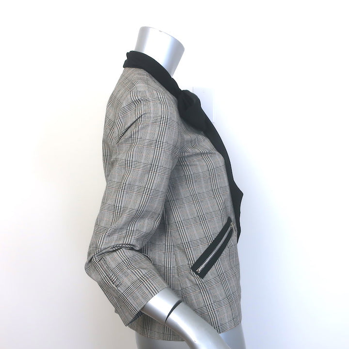 Anna Sui Houndstooth Plaid Tie-Neck Zip Up Jacket Gray Cotton-Blend Size 0