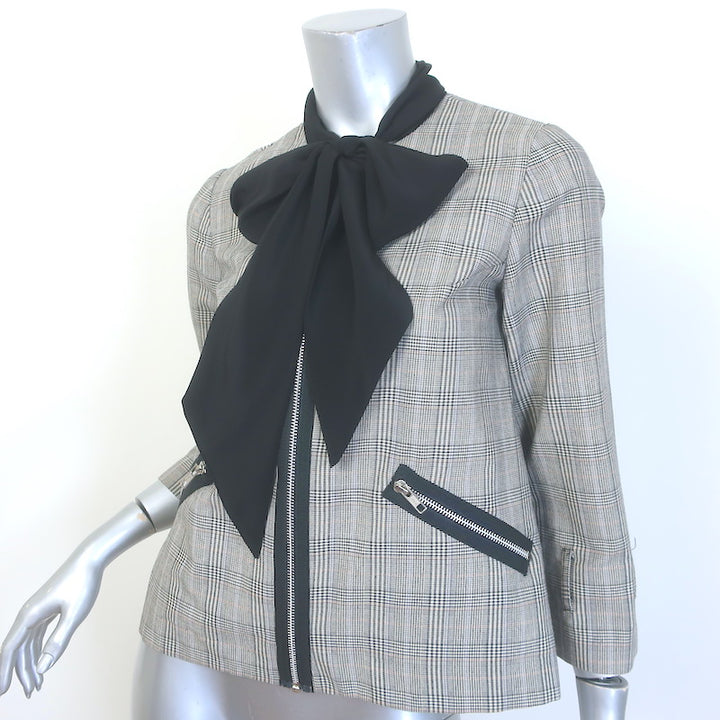 Anna Sui Houndstooth Plaid Tie-Neck Zip Up Jacket Gray Cotton-Blend Size 0