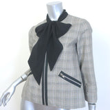 Anna Sui Houndstooth Plaid Tie-Neck Zip Up Jacket Gray Cotton-Blend Size 0
