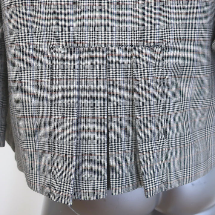 Anna Sui Houndstooth Plaid Tie-Neck Zip Up Jacket Gray Cotton-Blend Size 0