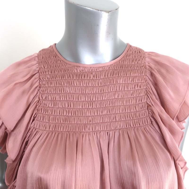 Ulla Johnson Winnie Smocked Top Rose Satin Size 0 Flutter Sleeve Blouse