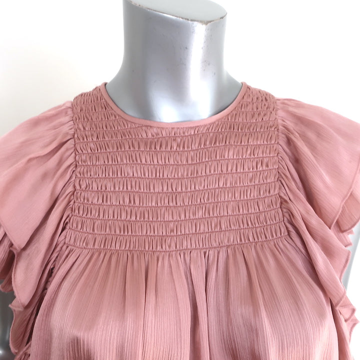 Ulla Johnson Winnie Smocked Top Rose Satin Size 0 Flutter Sleeve Blouse