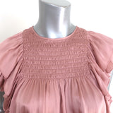 Ulla Johnson Winnie Smocked Top Rose Satin Size 0 Flutter Sleeve Blouse