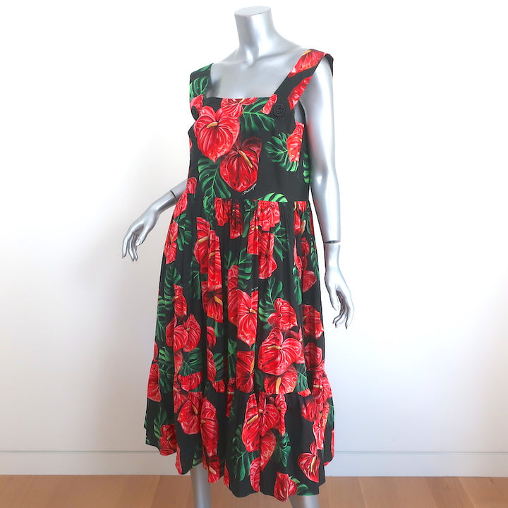 Dolce &amp; Gabbana Sleeveless Midi Dress Black Laceleaf Floral Print Poplin Size 48
