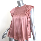 Ulla Johnson Winnie Smocked Top Rose Satin Size 0 Flutter Sleeve Blouse