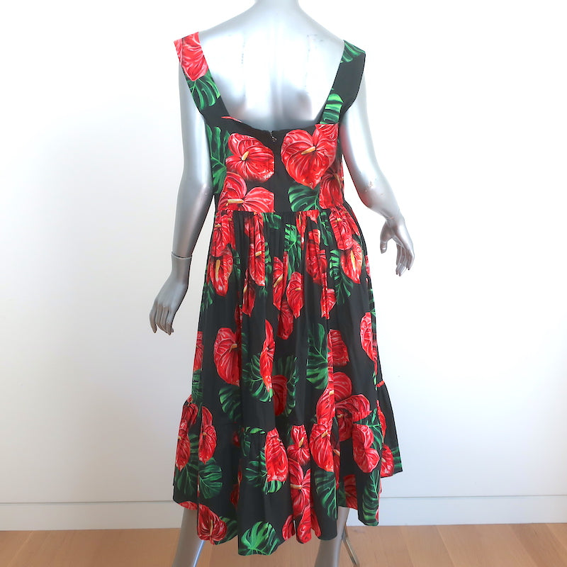 Dolce &amp; Gabbana Sleeveless Midi Dress Black Laceleaf Floral Print Poplin Size 48