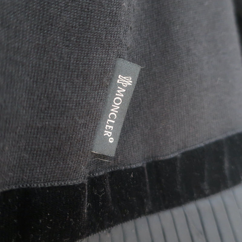 Moncler Maglione Tricot Pleated-Hem Cardigan Black Velvet-Trim Wool Size Small