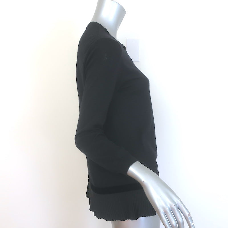 Moncler Maglione Tricot Pleated-Hem Cardigan Black Velvet-Trim Wool Size Small