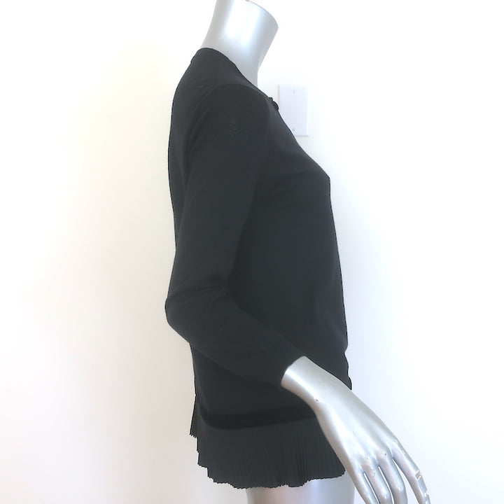 Moncler Maglione Tricot Pleated-Hem Cardigan Black Velvet-Trim Wool Size Small