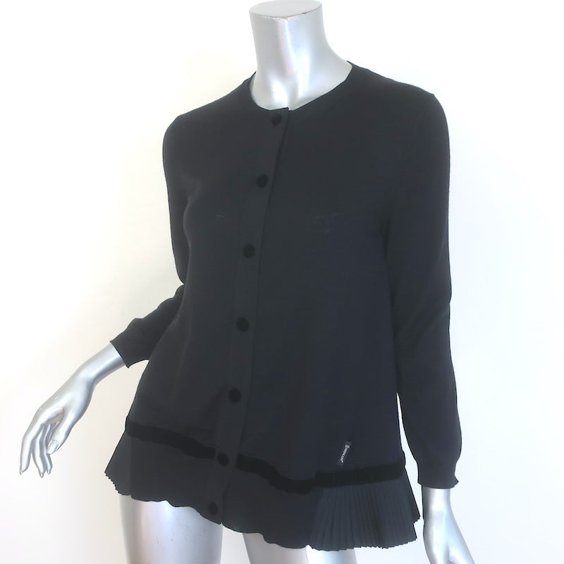 Moncler Maglione Tricot Pleated-Hem Cardigan Black Velvet-Trim Wool Size Small