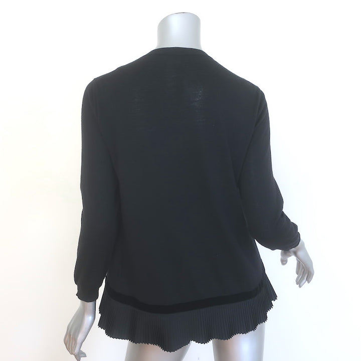 Moncler Maglione Tricot Pleated-Hem Cardigan Black Velvet-Trim Wool Size Small