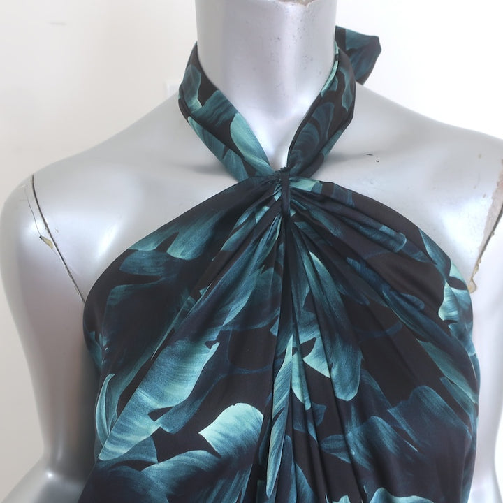 Lanvin Ete 2011 Draped Open-Back Halter Dress Black/Teal Leaf Print Silk Size 36