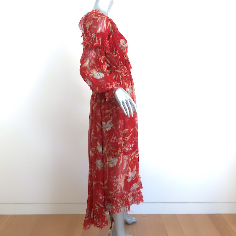 Zimmermann Ruffled Midi Dress Corsair Red Floral Print Chiffon Size 2