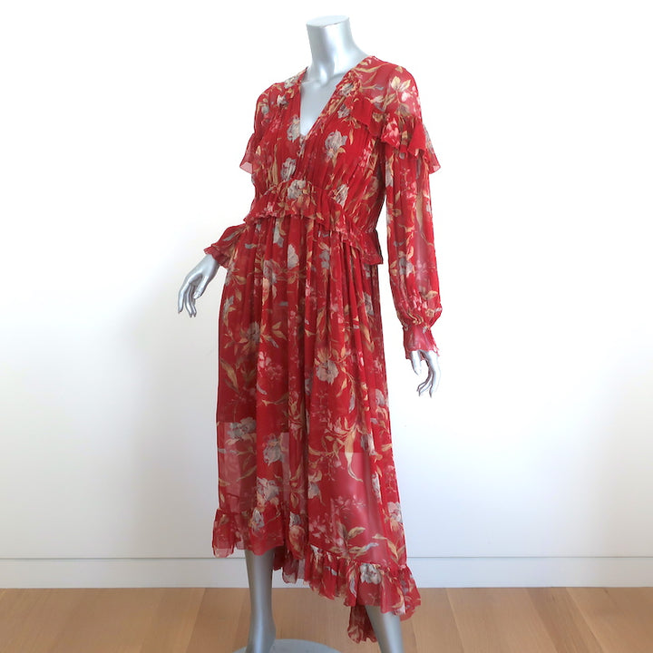 Zimmermann Ruffled Midi Dress Corsair Red Floral Print Chiffon Size 2