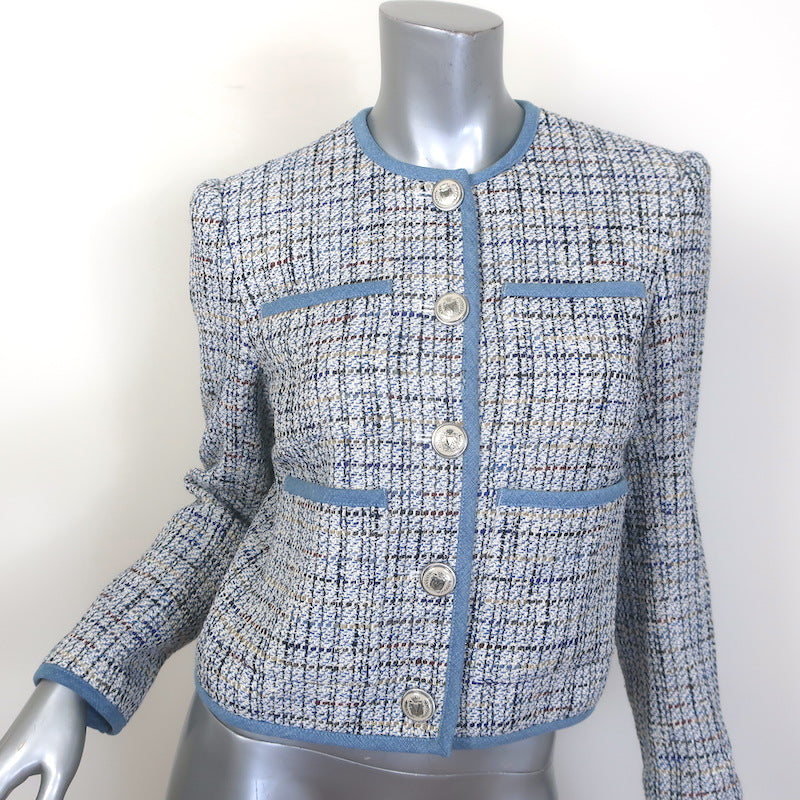 Veronica Beard Darla Denim-Trim Tweed Jacket Blue Cotton-Blend Size 4