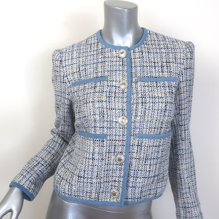Veronica Beard Darla Denim-Trim Tweed Jacket Blue Cotton-Blend Size 4