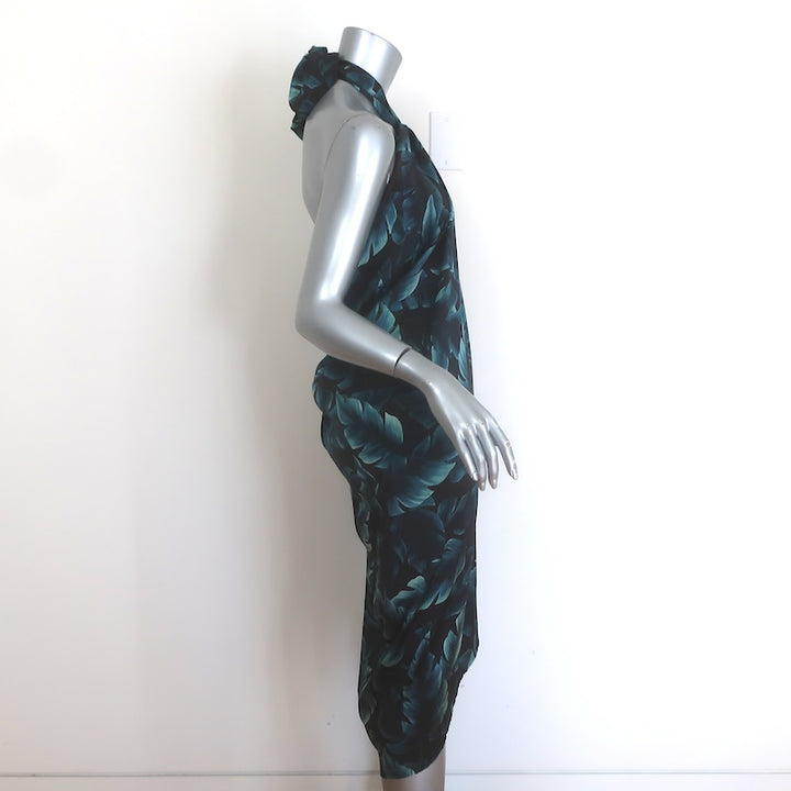 Lanvin Ete 2011 Draped Open-Back Halter Dress Black/Teal Leaf Print Silk Size 36