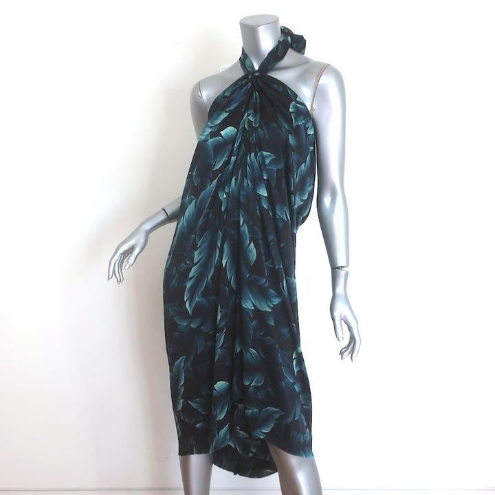 Lanvin Ete 2011 Draped Open-Back Halter Dress Black/Teal Leaf Print Silk Size 36