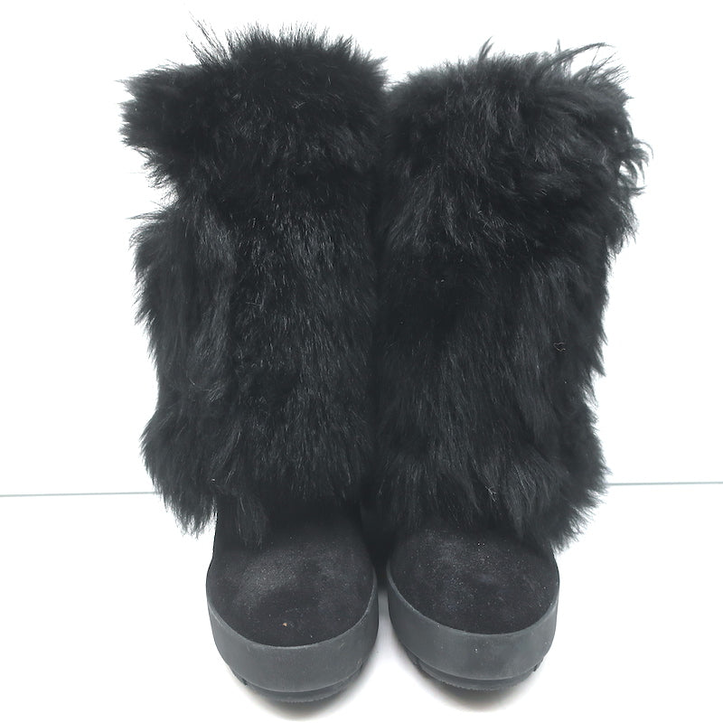 Prada Linea Rossa Fold-Over Shearling Boots Black Suede Size 35