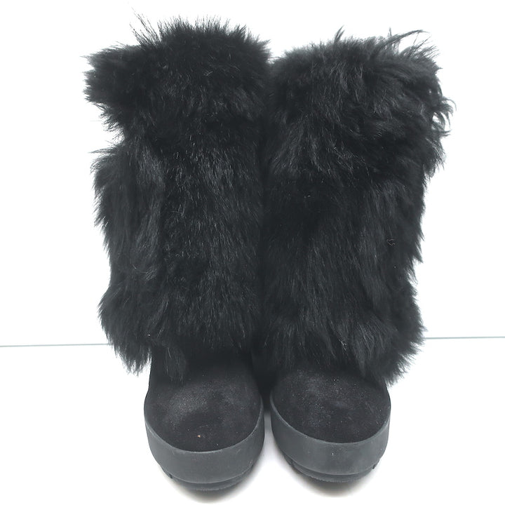 Prada Linea Rossa Fold-Over Shearling Boots Black Suede Size 35