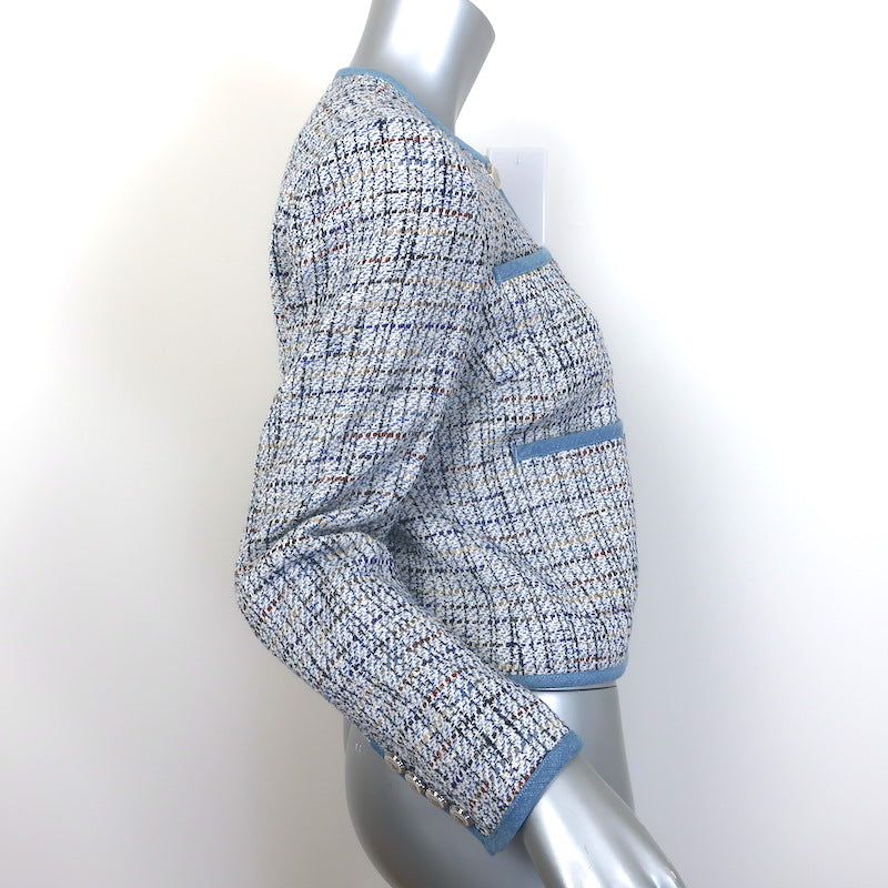 Veronica Beard Darla Denim-Trim Tweed Jacket Blue Cotton-Blend Size 4