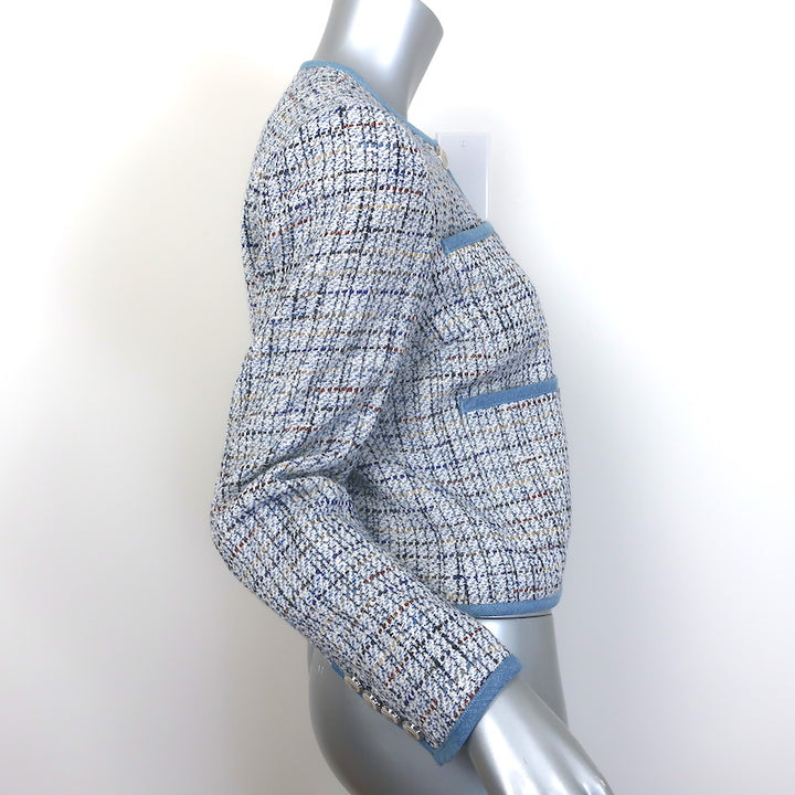 Veronica Beard Darla Denim-Trim Tweed Jacket Blue Cotton-Blend Size 4