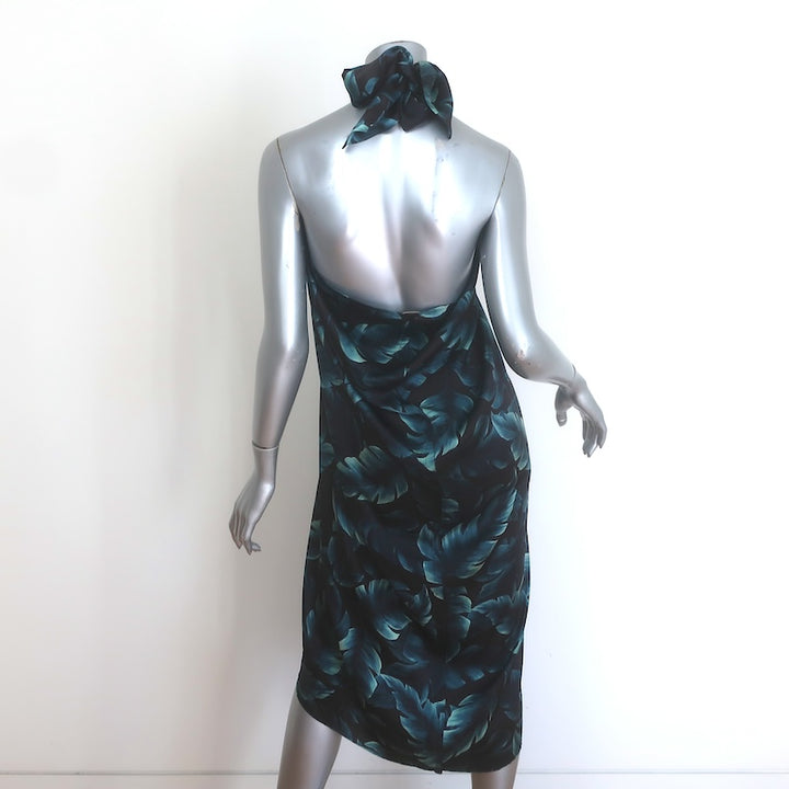 Lanvin Ete 2011 Draped Open-Back Halter Dress Black/Teal Leaf Print Silk Size 36