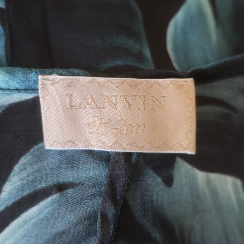 Lanvin Ete 2011 Draped Open-Back Halter Dress Black/Teal Leaf Print Silk Size 36