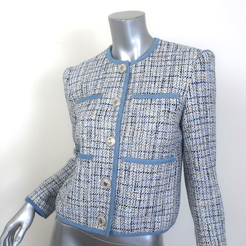 Veronica Beard Darla Denim-Trim Tweed Jacket Blue Cotton-Blend Size 4