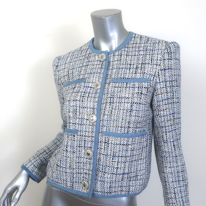 Veronica Beard Darla Denim-Trim Tweed Jacket Blue Cotton-Blend Size 4